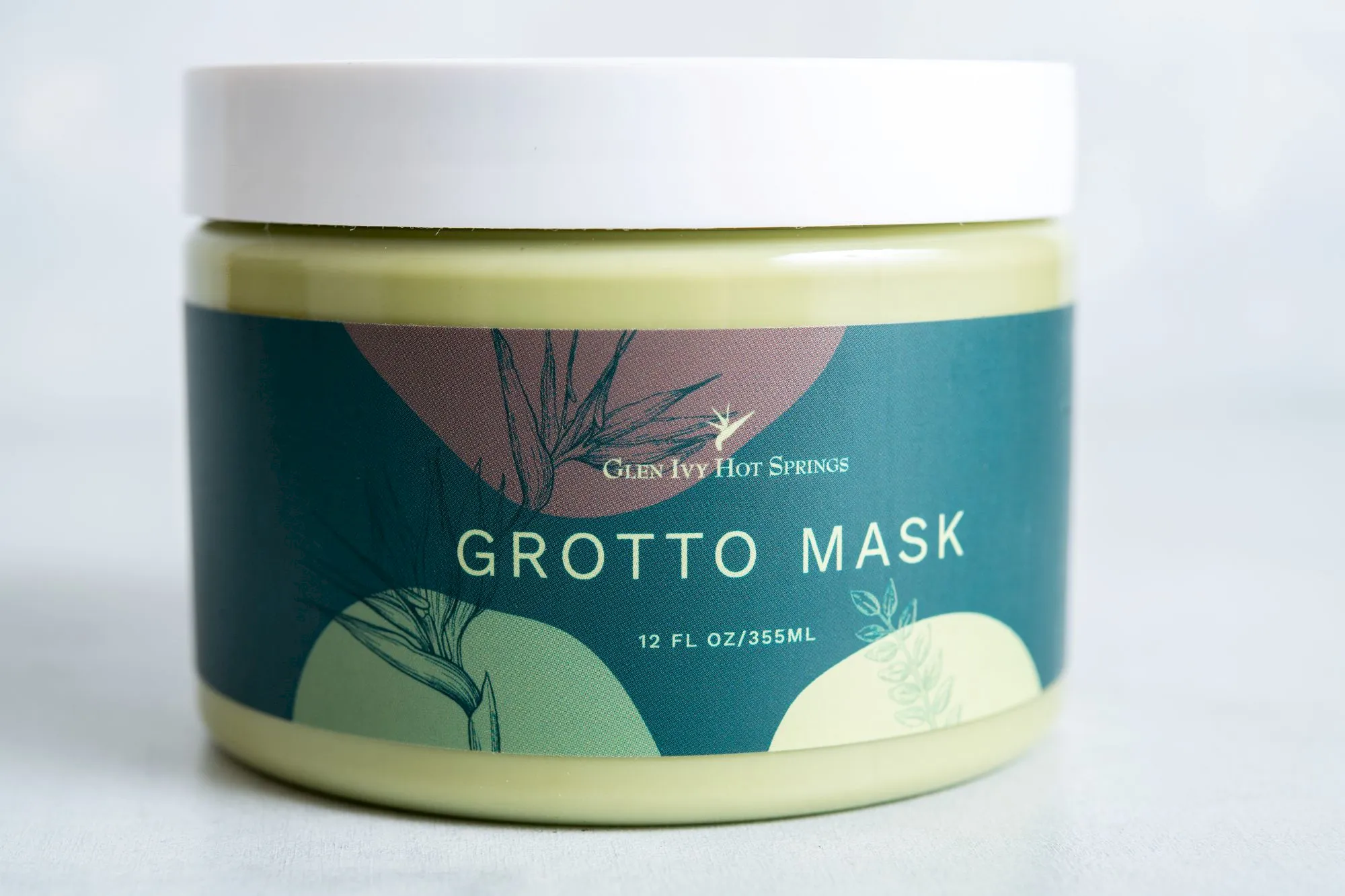 A jar labeled &ldquo;GROTT0 MASK&rdquo; with &ldquo;Glen Ivy Hot Springs&rdquo; branding on the container, likely a skincare or hair mask,