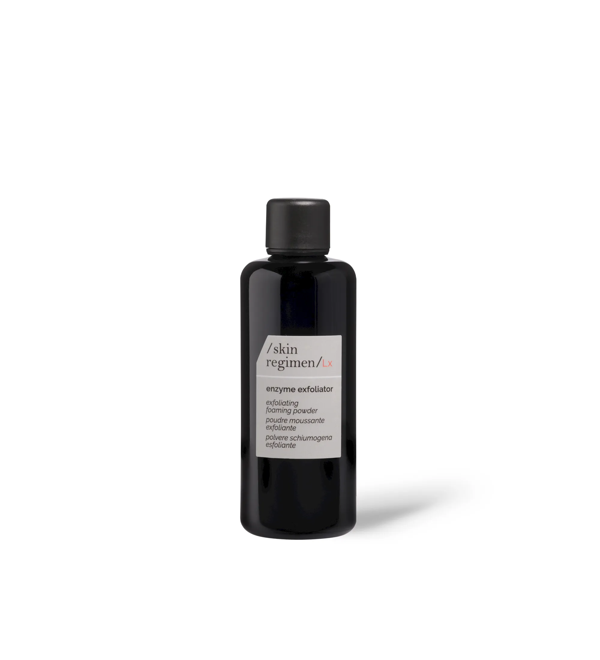 A black bottle of &ldquo;skin regimen&rdquo; enzyme exfoliator foaming powder skincare labeled enzyme exfoliator.