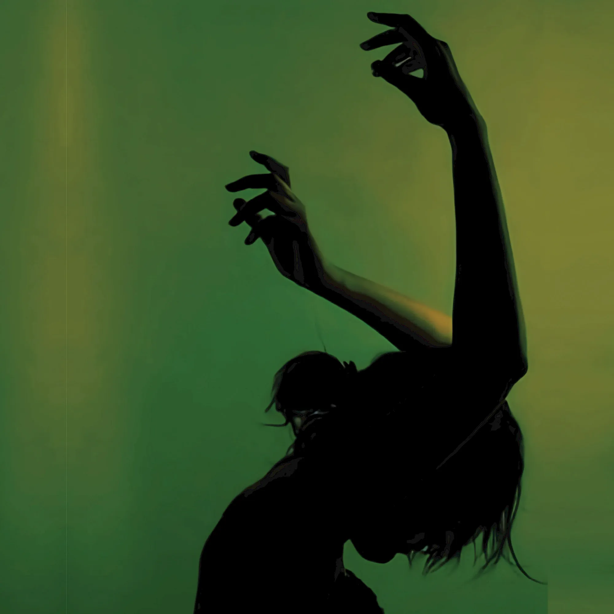 Two shadowy hands reach toward each other against a green background, like a mysterious summoning scene.