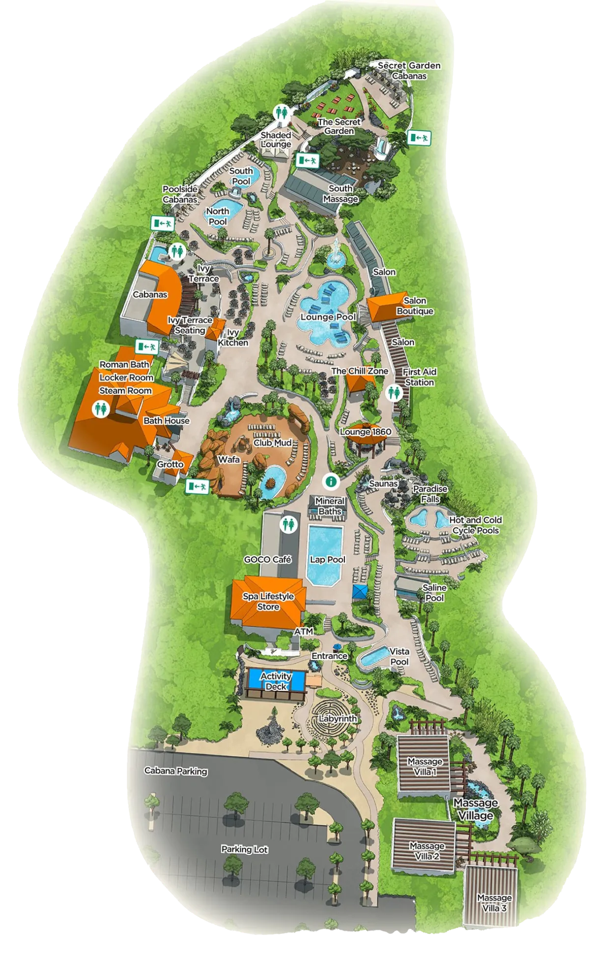 A labeled spa resort map showing pools, cabanas, lounges, saunas, massage areas, and facilities like mineral baths.