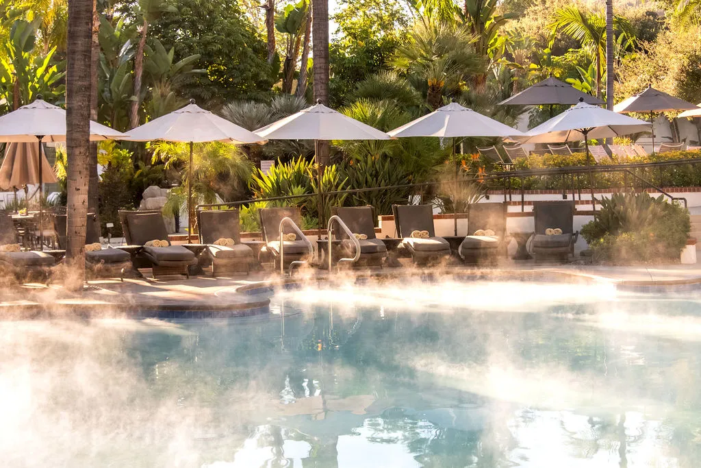 A tropical resort pool with steaming hot tubs, lounge chairs, and white umbrellas surrounded by lush palm trees.
