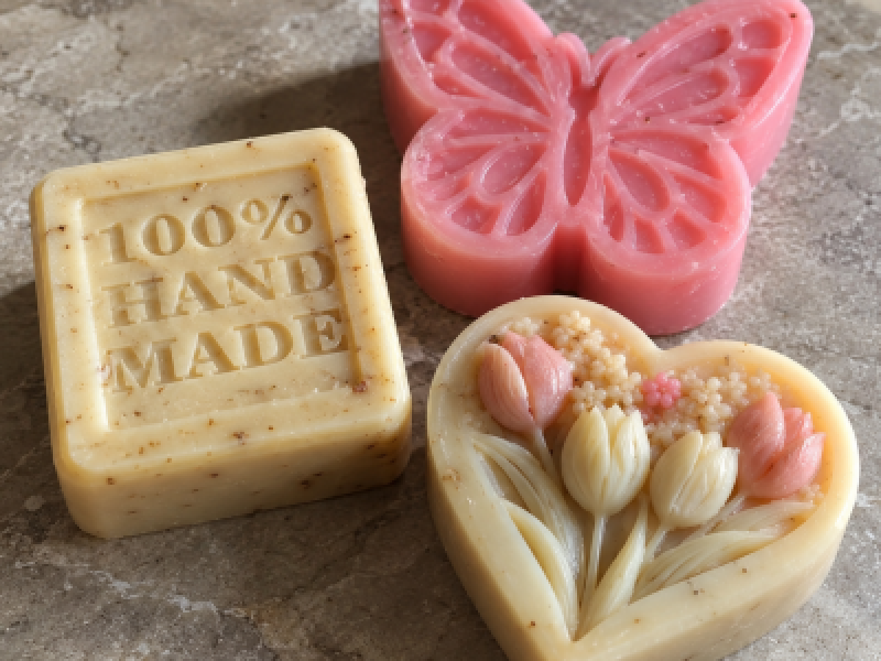 Three handmade soaps on a stone surface: &ldquo;100% HAND MADE&rdquo; block, a pink butterfly, and a heart-shaped floral soap.