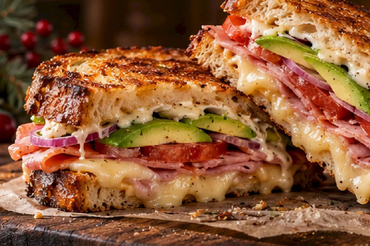 A close-up of a piled deli-style sandwich with melted cheese, cured meats, tomato, cucumber, and onion on crusty bread, topped with seasoning.